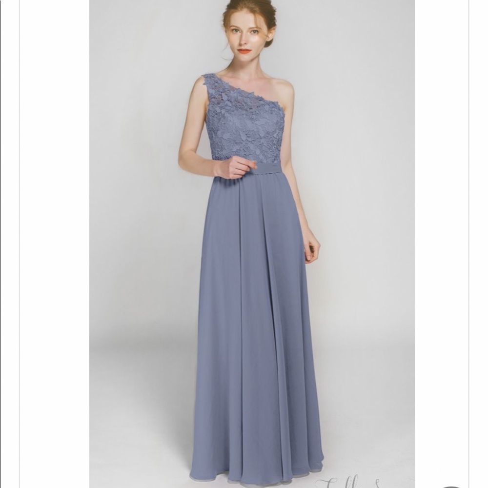Tulle and Chantilly Dusty Blue One-shoulder Dress